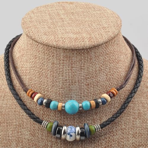 Ancient Tribe Boho Layered Leather and Hemp Choker Necklace with Turquoise and Ceramic Beads – Adjustable Double Cord Jewelry for Men and Women, 15 Inch Inner Cord2