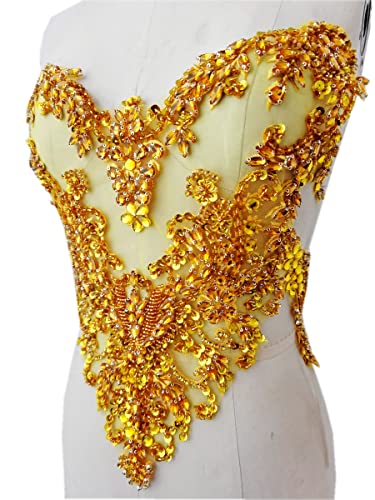 Handmade Rhinestones Lace Applique Handsewing Beads Sequins Trimming Patches For Dress Clothing Accessories More Colour (Gold) #TOP3