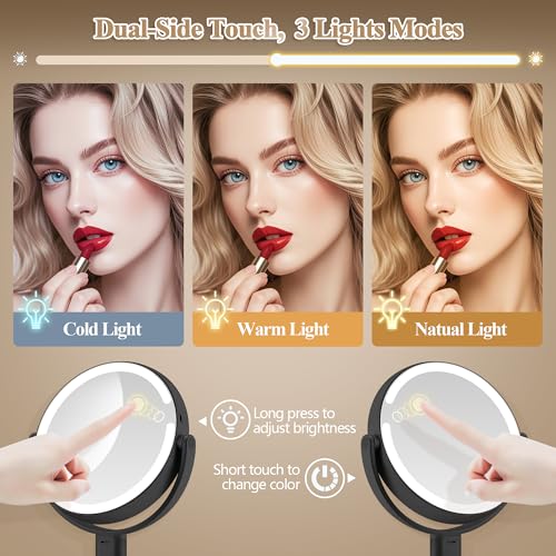 Image of MOMOKUBA Makeup Mirror with Lights, Double Sided 1x /20x Magnifying Mirror with Light, Rechargeable 3 Color Lights and Adjustable Brightness, 360 Rotation Detachable Comes with Tweezer(Black)