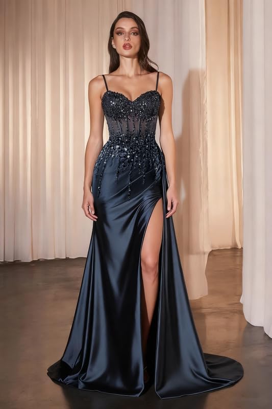 Sparkly Beaded Satin Prom Dresses with Slit Lace Appliques Spaghetti Strap Long Mermaid Evening Gown - Image 2
