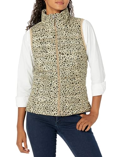 Amazon Essentials Piumino Smanicato Ripiegabile Impermeabile Leggero Donna, Cammello Chiaro Stampa Leopardata, L