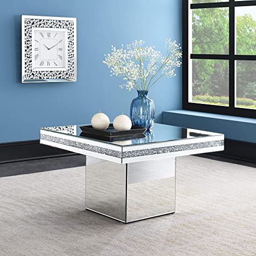 Mireo Coffee Table Mirrored With Crystal Inlay Surface, Square Silver Accent Table, Modern Design Luxury Contemporary Furniture, Fully Assembled For Living Room From Furniture #TOP3