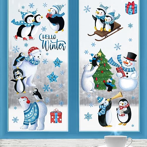 Yovkky Hello Winter Penguin Window Clings 9 Sheets, Snowman White Bear Christmas Tree Stickers Decals Decor, Snowflakes Xmas Gifts Holiday Home Kitchen Decorations