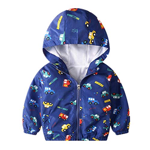 Amberetech Kids Baby Boy Hooded Windbreaker Cute Cartoon Zip Jacket Coat Fall Spring Casual Outerwear (Cars 2-Blue, 3-4T)