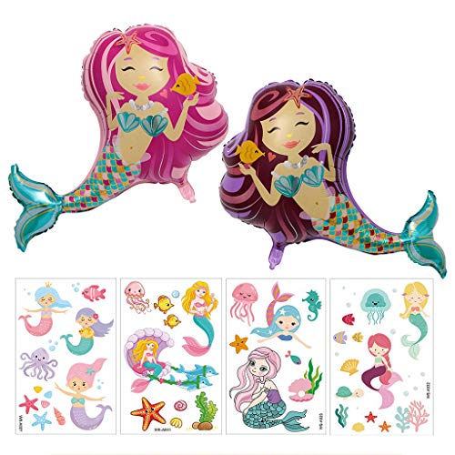 2 Piezas Globo de Sirena Helio Globo de Papel de Aluminio con 4 Piezas Etiqueta Engomada del Tatuaje de Sirena Regalos para niños Suministros Fiesta de Cumpleaños Juguete de Sirena Deco Cover