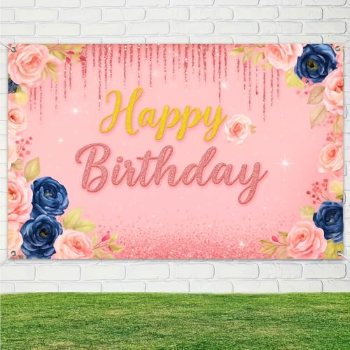 Image of HOMETITUTE Vintage Pink Floral Birthday Banner 71x43 Inch