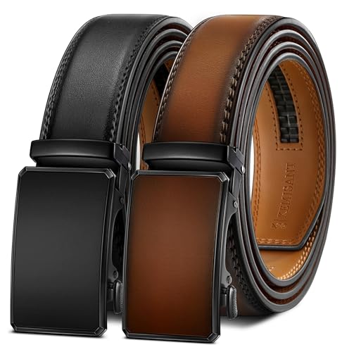 KEMISANT Ceintures Homme Lot de 2 en Cuir à Mécanisme Cliquet 3,5 cm (1 3/8'),Système de Glissement avec Clic,Taille Adjustable(Noir/Marron Clair,115cm/32-38' taille réglable)