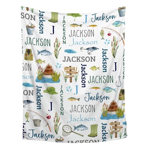 Buyyet Personalized Gone Fishing Blanket with Name, Customized Fishing Blanket for Kid, Infant, Toddler, Soft Plush Baby Newborn Registry Gift, Room Decor 30''x40''