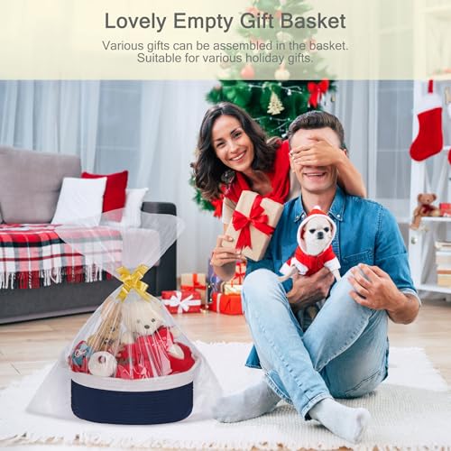 Image of Small Empty Gift Basket with Bag & Ribbons, White & Navy Blue