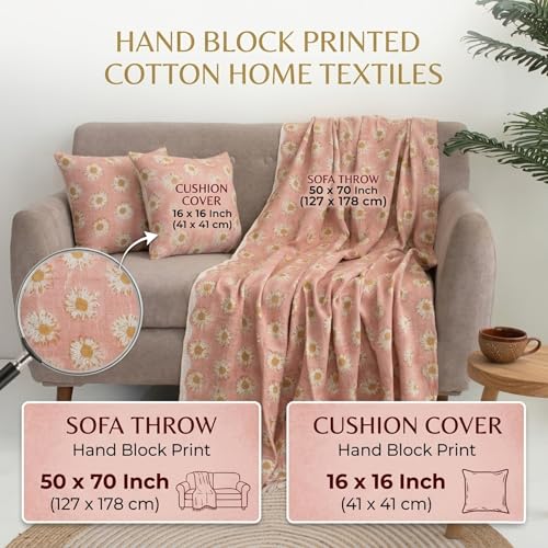 Image of Cotton Throw Blanket with 2 pc Cushion Cover Daisy Floral Print, Pink, Tassel Embellishment, Sofa Cover, 177.8 x 127 cm or 50x70 Inch (Sunflower Daisy Print)