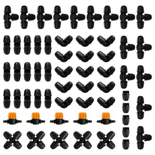 VooGenzek 60 Piezas Juego de Accesorios de Irrigación para Tubo 4/7 mm, Conectores de Púas de Manguera para Sistemas de Riego, Válvulas de Compuerta, Tees, 4 Vías, Rectos, Codos