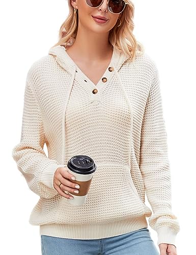 Image of CiCiBird Women's Fall Hoodies Sweater V Neck Waffle Knit Top with Pocket | Loose Fit, V Neck Button, Adjustable Drawstring, Long Sleeve, Kangaroo Pocket, Weekend Errands, Daily Wear, Work Casual