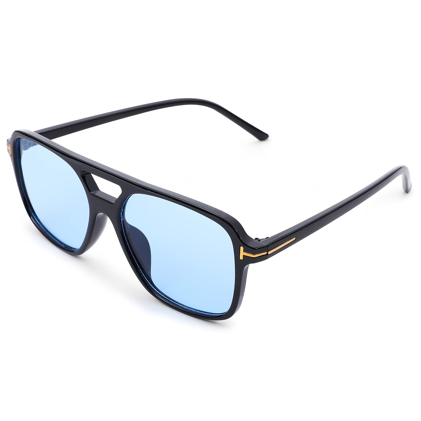 Pro Acme Retro Square Pilot Sunglasses for Women Men, Large Frame 70s UV400 Protection Sun Glasses (Black Frame | Blue Lens)
