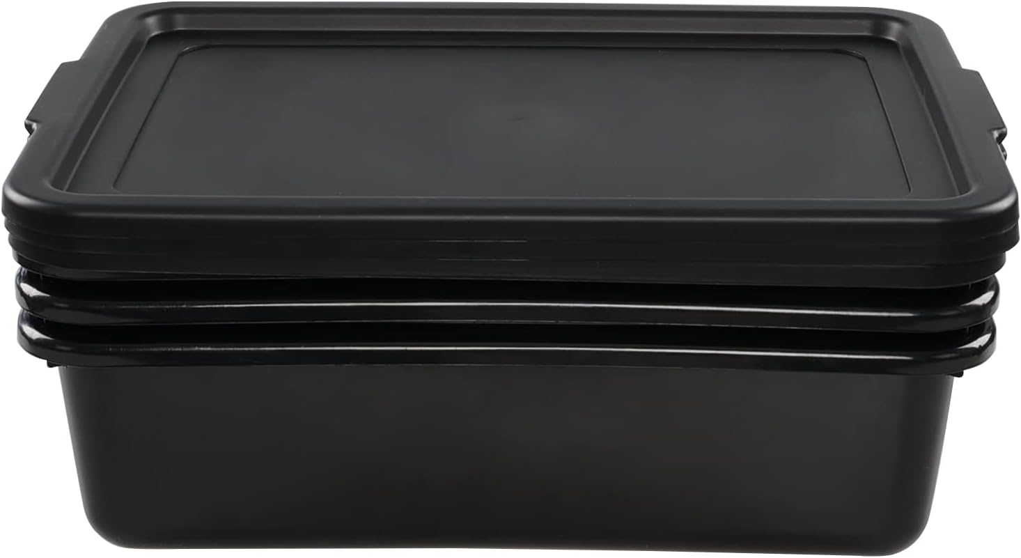 13 L Plastic Commercial Utility Bus Boxes, Black Bus Tubs with Lids, 3-Pack