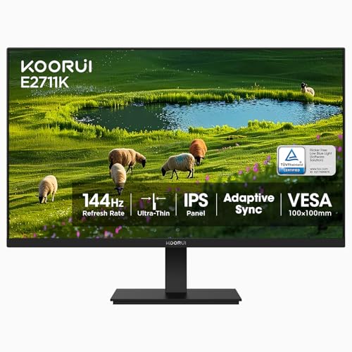 KOORUI 27 Inch Gaming Office Monitor 144Hz IPS Display, FHD 1080P with FreeSync, Eye Care with Slim Bezels, HDMI VGA Ports, Ergonomic Tilt, VESA Mount, Black