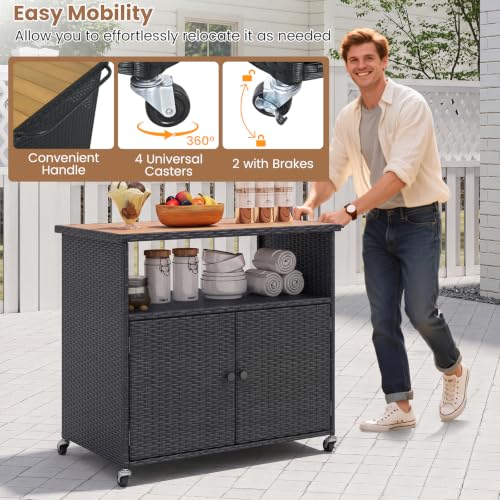 Image of Tangkula Rattan Outdoor Storage Cabinet with 4 Wheels, Black