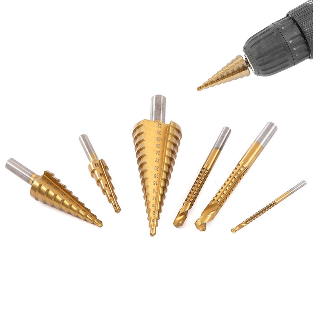 Broca Escalonada, 6 Piezas, Brocas Escalonadas para Metal, Broca Cónica HSS Titanio, Acero de Alta Velocidad, Broca Conica Ranura Recta 4-32mm, 4-20mm, 4-12mm para Acero, Madera Latón
