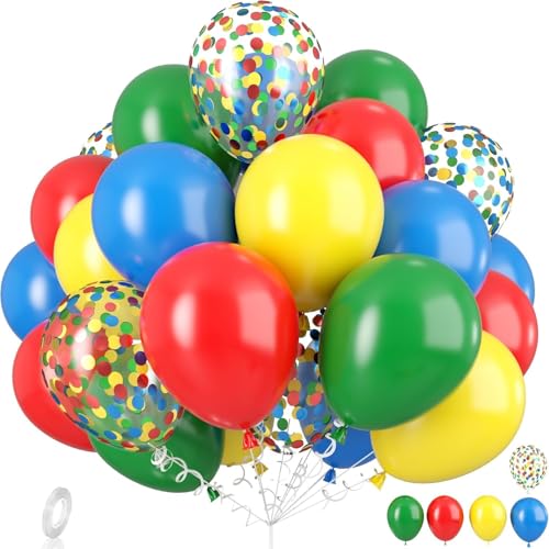Red Yellow Blue Balloons, Rainbow Assorted Latex Balloons, Red Blue Green Yellow with Colourful Confetti Balloon, for Birthday, Festival, Carnival Circus, Robot Blocks, Video Game Party Decoration