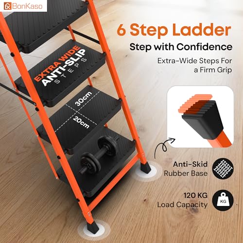 Image of BonKaso Climb Easy 6 Step Heavy Duty Foldable Steel Kitchen Ladder for Home, Office & Outdoor Use with Anti-Slip Wide Steps, Support Handle & Tool Tray (Orange & Black)