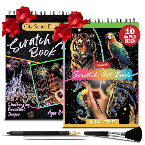 Image of 2-Pack Animals & City Scratch Art Book for Adults - Colorful Animal Series Scratch Art | Scratch Painting Foil Art for Adults | Scratch and Sketch Animal & City Series Books