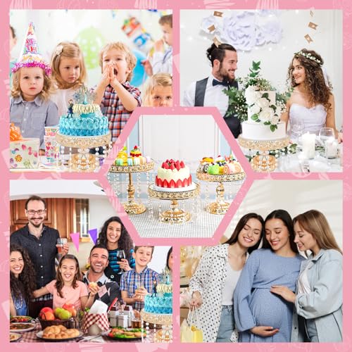 3 PCS Round Cake Stand with Crystal Bling Pendants European Style Lace Cake Plate Golden Premium Display Stand with Crystal Bling Pendants Dessert Showcase Set for Birthday Parties,Wedding,Banquet - Image 7