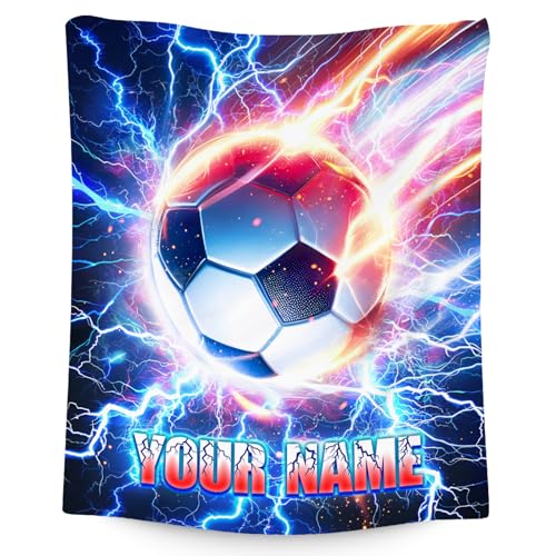Soccer Blanket for Boys Personalized Kids Throw Gifts - Custom Name Soft Plush Blankets for Couch, Bedroom & Living Room (4 Sizes Choose)