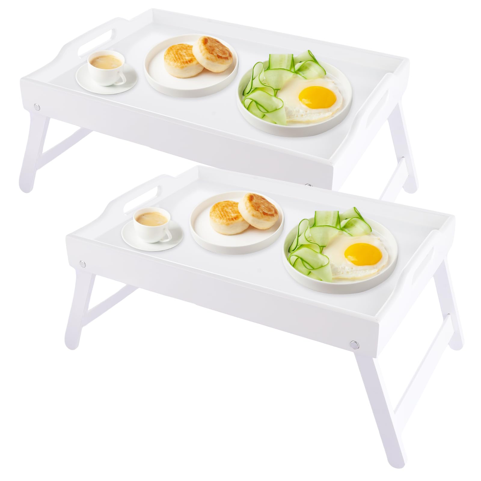 SHUESS 2 Pack White Bamboo Bed Tray - 41.5 x 30 x 20.5 cm Breakfast Tray with Folding Legs - Trays for Eating on Lap, Ideal for Bed, Sofa, Eating, Platters, Working, Serving, and Drawing