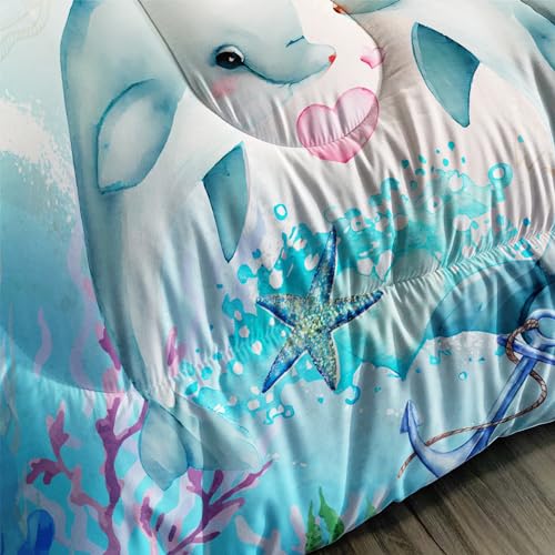 Image of AILONEN Dolphin Comforter Set Twin Size, Kawaii Jumping Dolphin Bedding Set for Kids Girls,Ocean Theme Bed in a Bag Duvet Set,3 Pieces,1 Quilt and 2 Pillowcases,Soft Microfiber