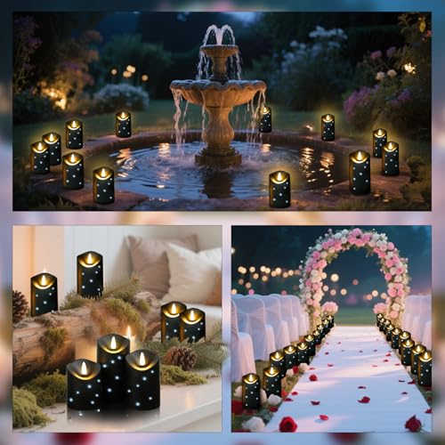 Image of kakoya Outdoor Waterproof Flickering Flameless Candles with Embedded Star String,3Pcs LED Pillar Candles Battery Operated with Remote and Timers for Courtyard,Porch,Camping,Holiday Decoration(Black)