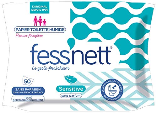 Fess'nett - Papier Toilette Humide Sensitive x50 - Formule testée dermatologiquement 0% parabène 0% phenoxyethanol - Pour peaux fragiles