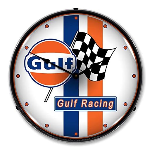 Gulf Racing LED Wall Clock, Retro/Vintage, Lighted, 14 inch