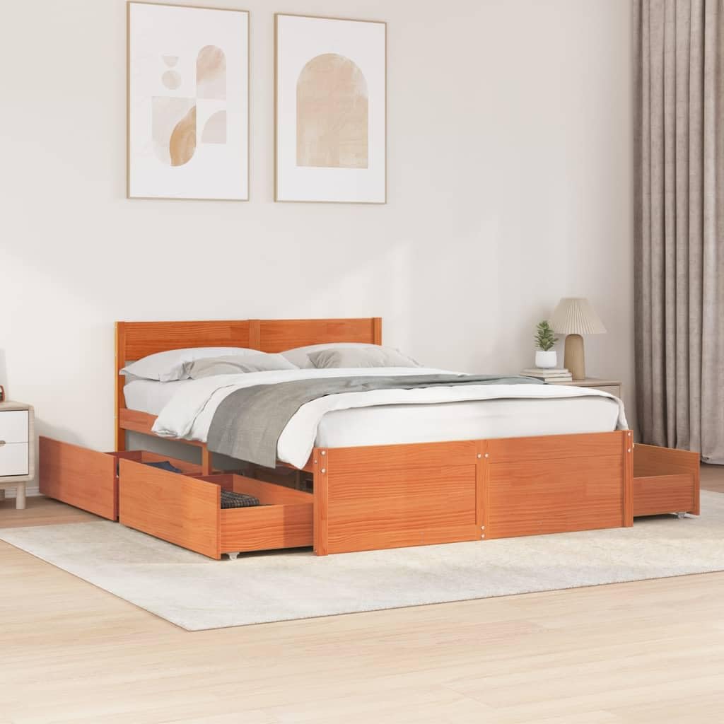 Twovex Massivholzbett Kiefernholz Wachsbraun 135x190 cm mit Schubladen