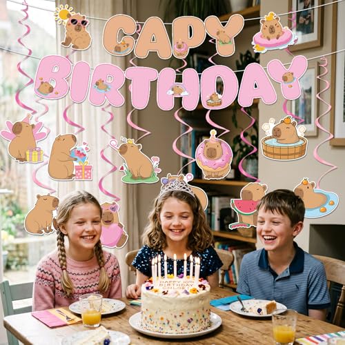 Image of Capybara Birthday Party Decorations - 12 Pcs Pink Capy Birthday Party Banner Hanging Swirls Decorations, Cute Animals Theme Decor Supplies for Boys Girls Capybara Lover