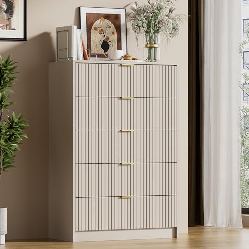 Image of Furniway Beige Dresser for Bedroom, Modern Dresser with 5 Drawers and Smooth Slides, Wide Chest of Drawers with Golden Handles for Bedroom, Living Room, Closet, 15.7 inch D x 31.5 inch W x 47.2 inch H