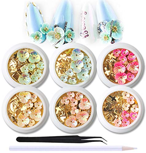 WOKOTO 6 Boxes 3D Nail Art Decoration Set Mix-color Colorful laser Shell Flower Gold Nail Studs Manicure Jewelry With 1Pc Tweezers And Picker Pencil