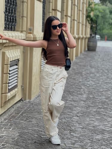 Image of Rolanko Girls Cargo Pants Wide Leg Streetwear Kids Pants with Pockets Trendy Jogger Trousers 4-14 Years