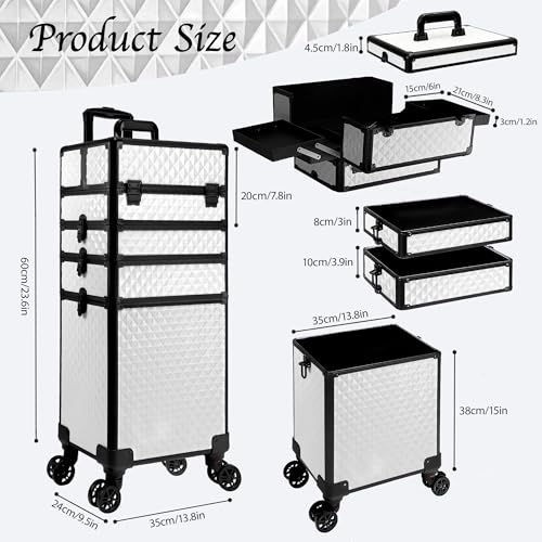 Image of 5 in 1 Rolling Makeup Train Case on Wheels Large Cosmetic Organizer Travel Cart for Women Beauty Salon Barber Hairstylist White