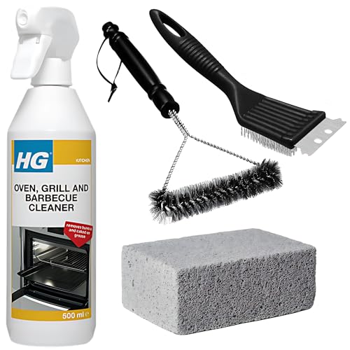 BBQ Cleaning Kit With HG Oven, Grill and Barbecue Cleaner 500ml, BBQ Cleaner Spray Heavy Duty, Amara Wire Brush With Scraper, Pumice Stone for Cleaning, and Coil Brush for Cooking Grates and Racks