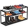 Bamboo Shoe Rack for Closet Stackable 3 Tier Longer Shoe Organizer Shelf Holder Storage 12 15 Pairs for Entryway Door Hallway Bedroom Garage Space Saving Foldable Black