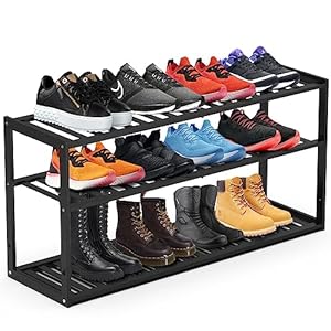 Bamboo Shoe Rack for Closet Stackable 3 Tier Longer Shoe Organizer Shelf Holder Storage 12 15 Pairs for Entryway Door Hallway Bedroom Garage Space Saving Foldable Black