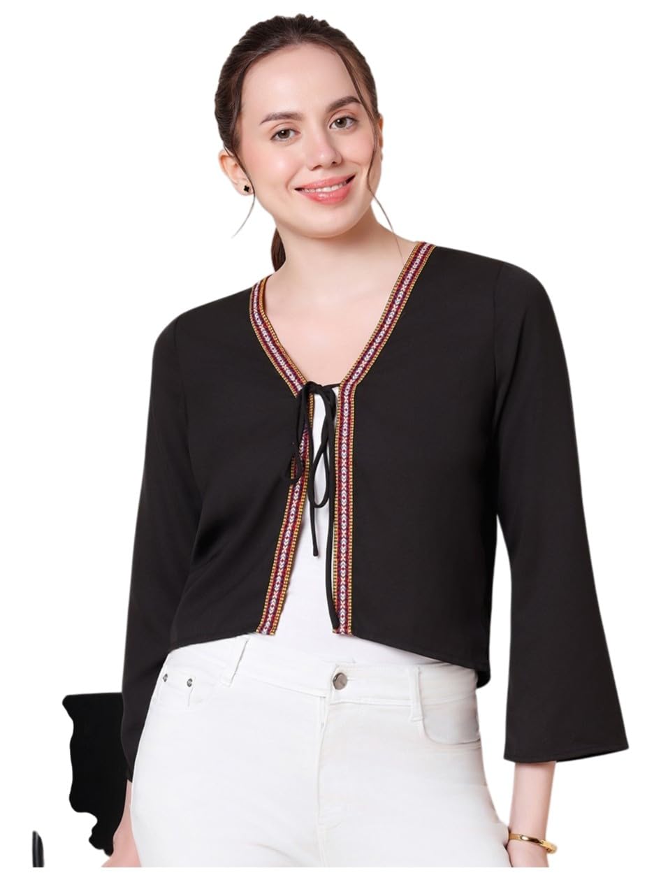 Women Solid Polyeste Black Shrug-image-39