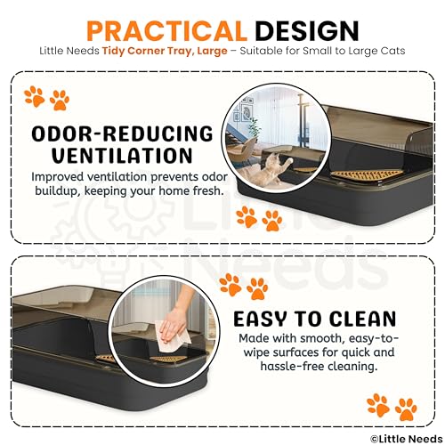 Image of Litter Tray with Scooper for Small to Large Cats (Tidy Corner, Black) (61 x 41 x 25 cm) | 24 inch Durable, Semi-Enclosed Sleek Design Tray with Corner Foot Grid for Daily Toilet Training