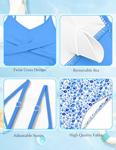 Image of Girls Swimsuit 2 Piece Bathing Suit Criss Cross Ruched Girl Tankini Sets Printed Girls' Swimwear for 9-18 Years