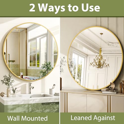 Image of EASLY 24 Inch Round Mirror, Gold Metal Frame Wall Mirror for Bathroom