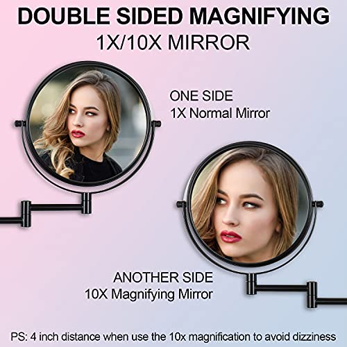 Lansi Wall Mounted Makeup Mirror, 10X Magnifying Mirror 8" Height Adjustable Wall Mirror, 360° Extendable Arm Double Sided Vanity Mirror For Bathroom Or Bedroom, Black Bathroom Mirror #TOP4