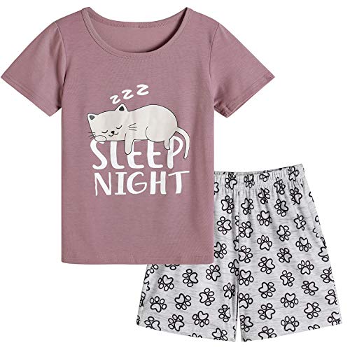 Vopmocld Big Girls Summer Short Sleeve Pajama Sets Cute Cat Patterns Sleepwear Nighty 100% Cotton