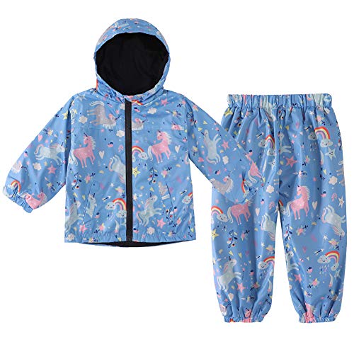 LZH Chicos Impermeable Niños Impermeable Chica con capucha, Chaqueta Pantalones Traje Ligero Conjuntos de 2 piezas, Tamaño Unisex 130/4-5 años, Azul