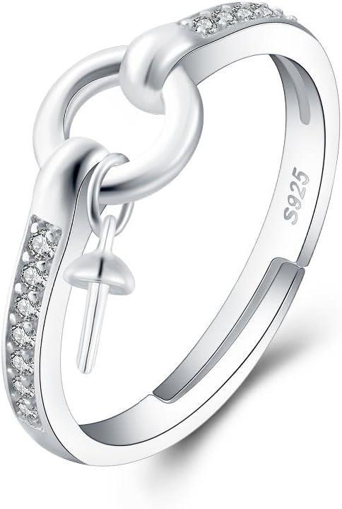 Sterling Silver CZ Hollow Round Ring Mounting for Women, Adjustable Ring Fittings Accessories for Pearl Jewelry Making