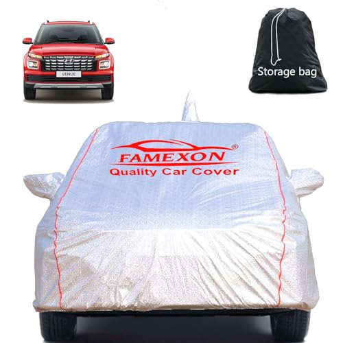 Image of Full Body Car Cover for Hyundai Venue with Mirror and Antena Pocket Triple Stiched(Silver with Red Piping)