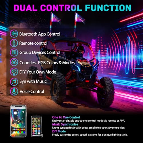 Image of Nilight LED Whip Light 2 PC 5FT COB RGB Spiral Lighted Antenna with Spring Base, Bluetooth App & Remote Control DIY Chasing Patterns & Music Sync Safety Whips for ATV UTV RZR Polaris Can-Am Truck